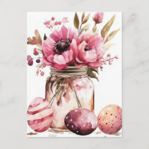 Easter Postcard with Easter Eggs and Flowers