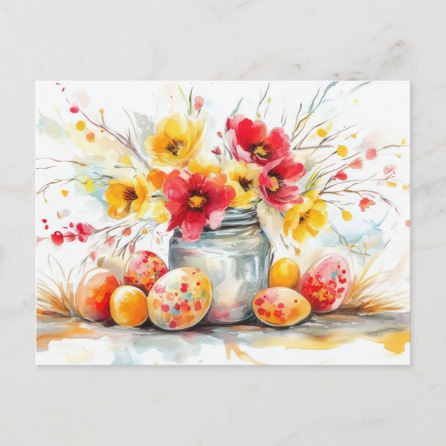 Easter Postcard with Easter Eggs and Flowers (Front)