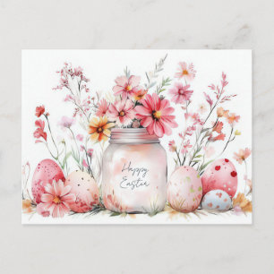 Easter Postcard with Easter Eggs and Flowers