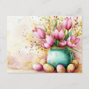 Easter Postcard with Easter Eggs and Flowers