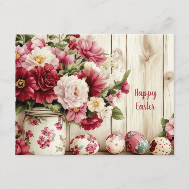 Easter Postcard with Easter Eggs and Flowers (Front)