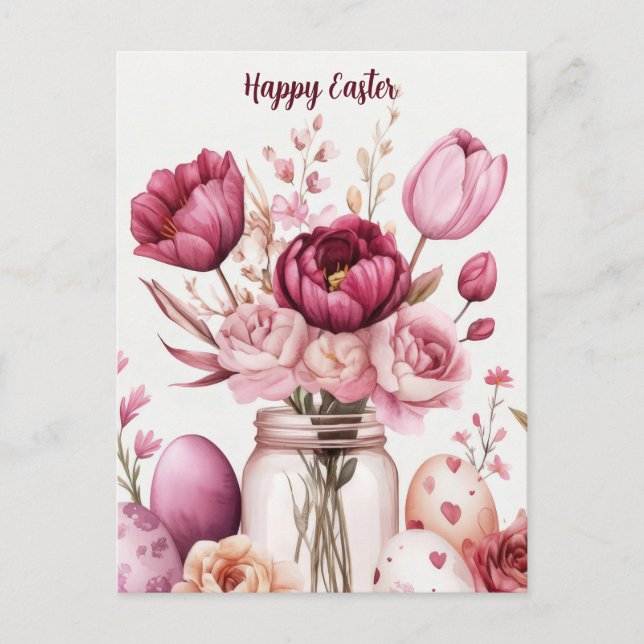 Easter Postcard with Easter Eggs and Flowers (Front)