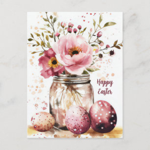 Easter Postcard with Easter Eggs and Flowers
