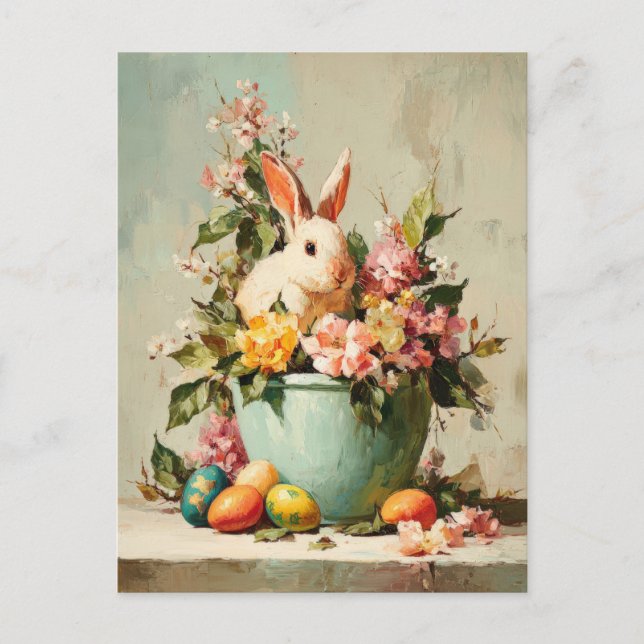 Easter Postcard with Flowers and Easter Bunny (Front)