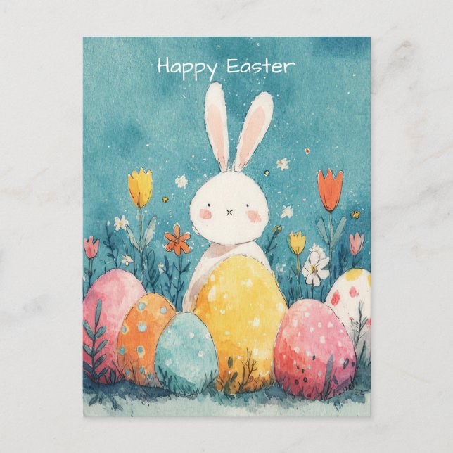 Easter Postcard with Flowers and Easter Bunny (Front)
