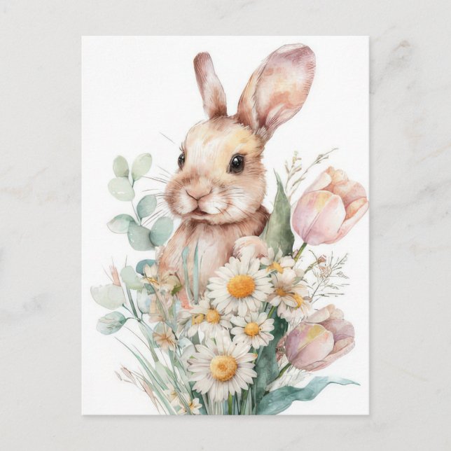 Easter Postcard with Flowers and Easter Bunny (Front)