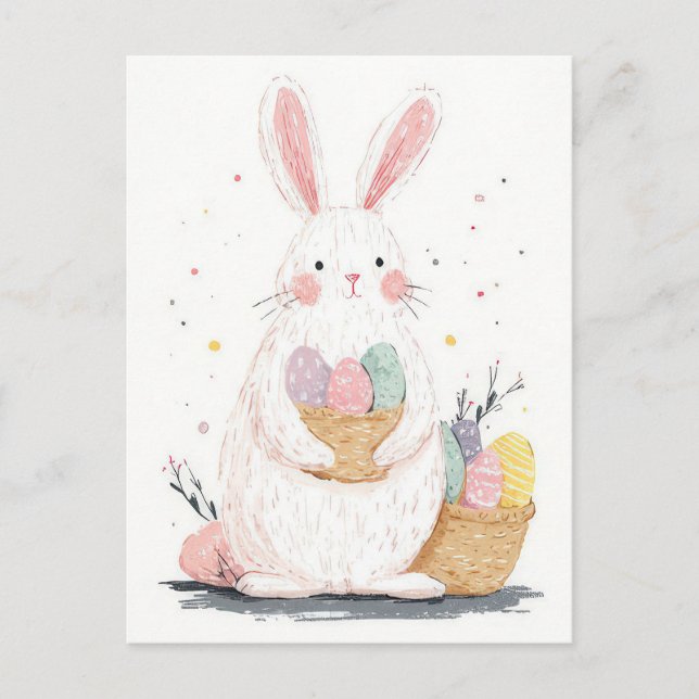Easter Postcard with Flowers and Easter Bunny (Front)