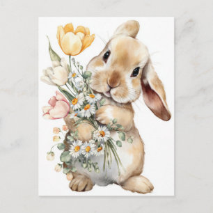 Easter Postcard with Flowers and Easter Bunny