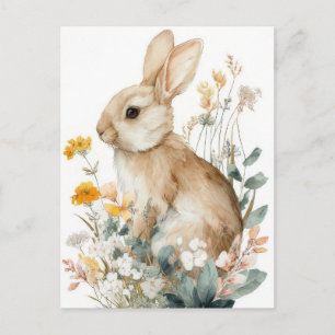 Easter Postcard with Flowers and Easter Bunny
