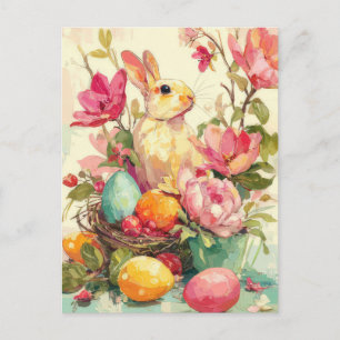 Easter Postcard with Flowers and Easter Bunny
