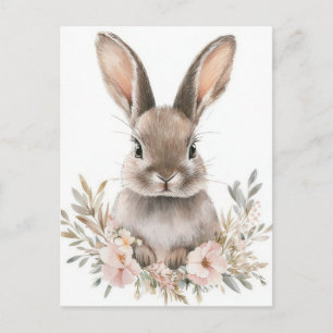 Easter Postcard with Flowers and Easter Bunny