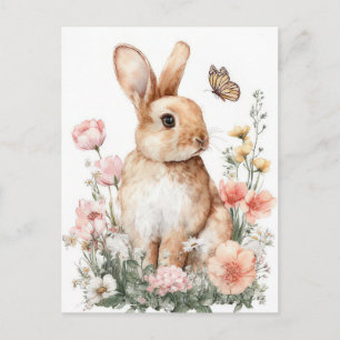 Easter Postcard with Flowers and Easter Bunny