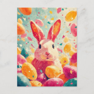 Easter Postcard with Flowers and Easter Bunny