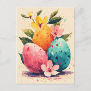 Easter Postcard with Flowers and Easter Bunny
