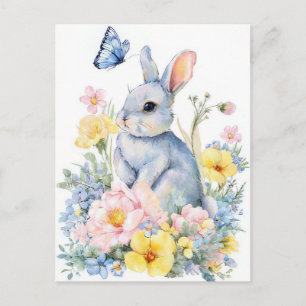 Easter Postcard with Flowers and Easter Bunny