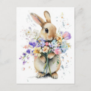 Easter Postcard with Flowers and Easter Bunny