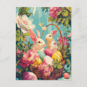 Easter Postcard with Flowers and Easter Bunny