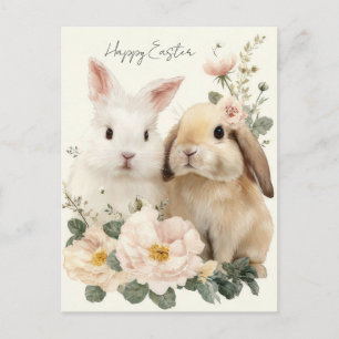Easter Postcard with Flowers and Easter Bunny