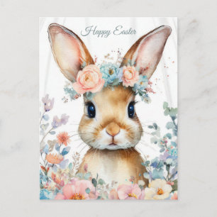 Easter Postcard with Flowers and Easter Bunny