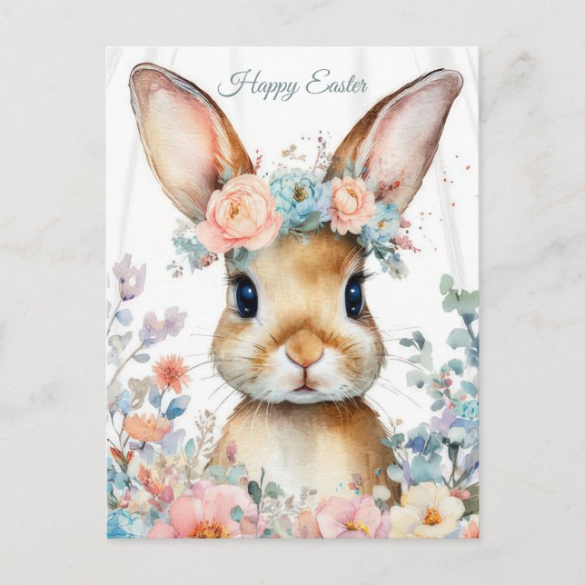 Easter Postcard with Flowers and Easter Bunny (Front)
