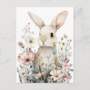 Easter Postcard with Flowers and Easter Bunny