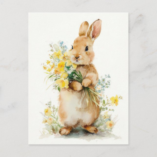 Easter Postcard with Flowers and Easter Bunny (Front)