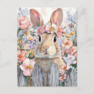 Easter Postcard with Flowers and Easter Bunny