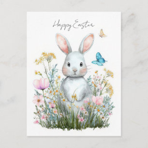 Easter Postcard with Flowers and Easter Bunny