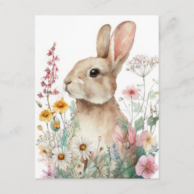 Easter Postcard with Flowers and Easter Bunny (Front)