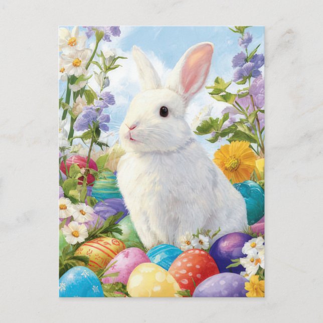 Easter Postcard with Flowers and Easter Bunny (Front)