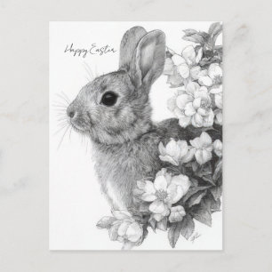 Easter Postcard with Flowers and Easter Bunny