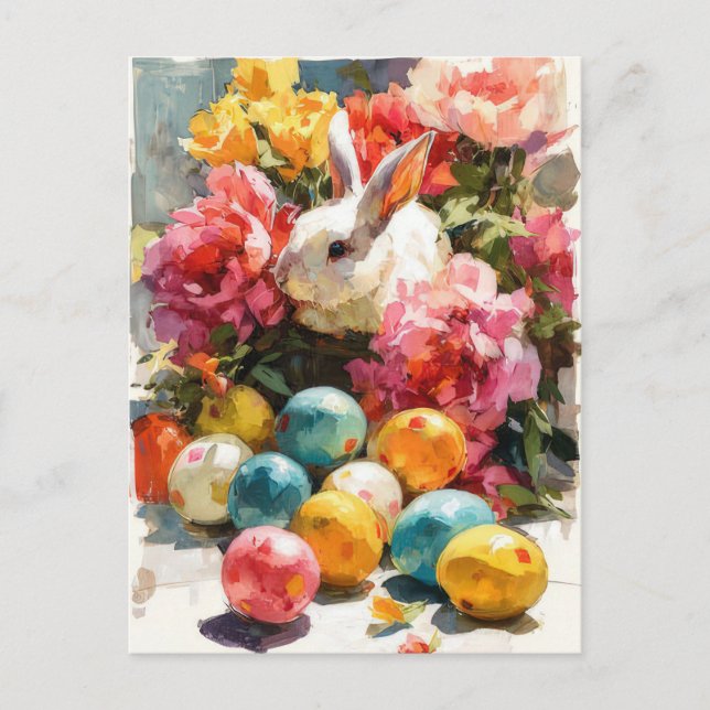 Easter Postcard with Flowers and Easter Bunny (Front)