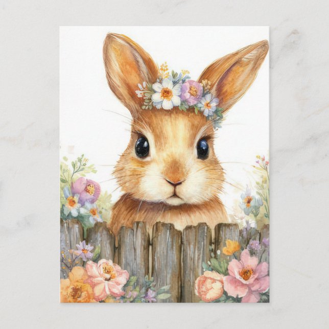 Easter Postcard with Flowers and Easter Bunny (Front)