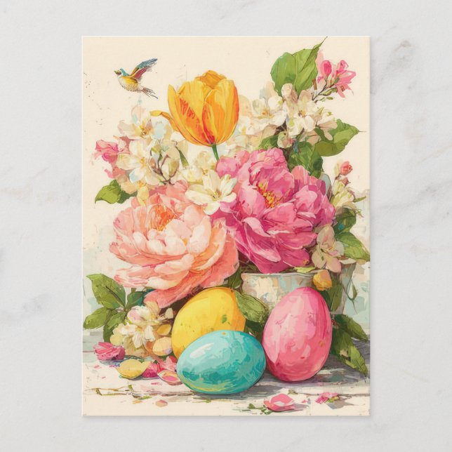 Easter Postcard with Flowers and Easter Bunny (Front)