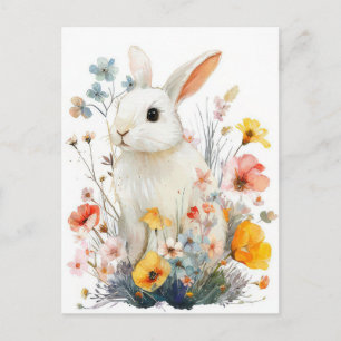 Easter Postcard with Flowers and Easter Bunny