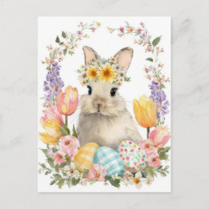 Easter Postcard with Flowers and Easter Bunny