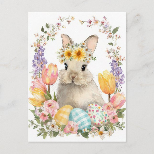 Easter Postcard with Flowers and Easter Bunny (Front)