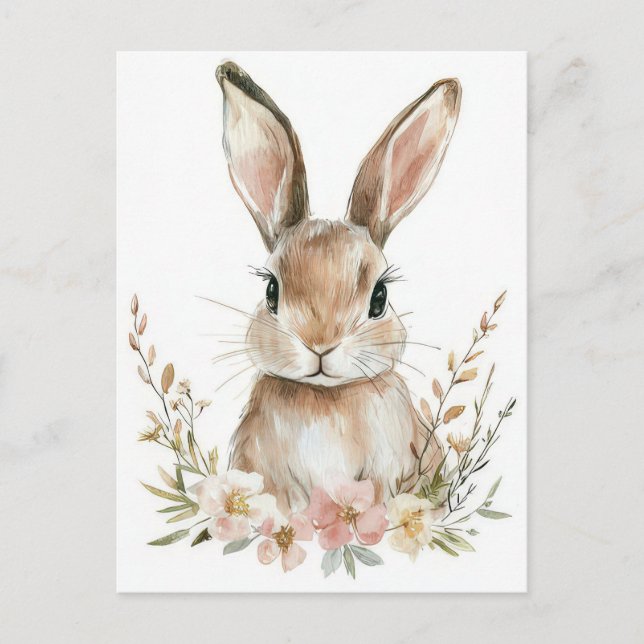 Easter Postcard with Flowers and Easter Bunny (Front)