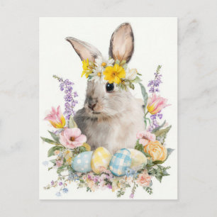Easter Postcard with Flowers and Easter Bunny
