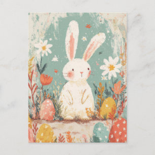 Easter Postcard with Flowers and Easter Bunny