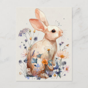 Easter Postcard with Flowers and Easter Bunny