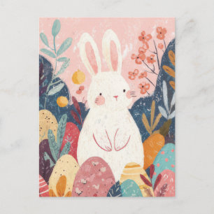 Easter Postcard with Flowers and Easter Bunny