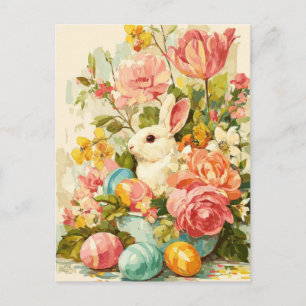 Easter Postcard with Flowers and Easter Bunny