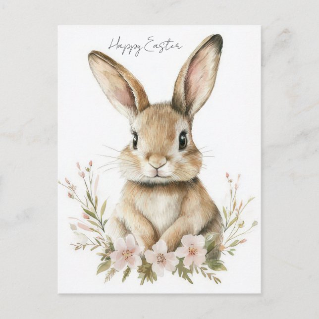 Easter Postcard with Flowers and Easter Bunny (Front)