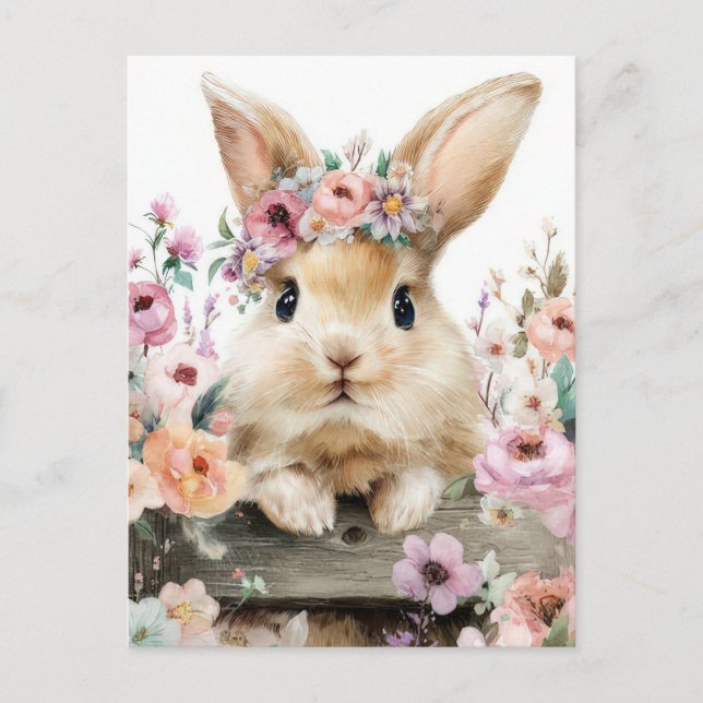 Easter Postcard with Flowers and Easter Bunny (Front)