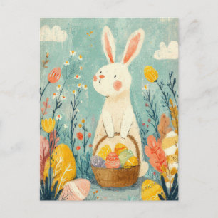 Easter Postcard with Flowers and Easter Bunny