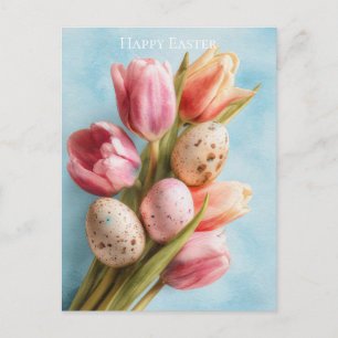 Easter Postcard with Flowers and Easter Eggs
