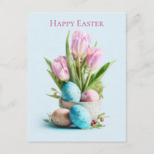 Easter Postcard with Flowers and Easter Eggs