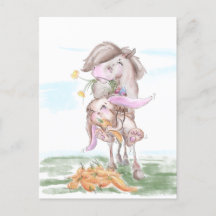 Easter postcard with sweet rabbit and horse