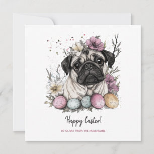 Easter pug cute rustic watercolor floral card